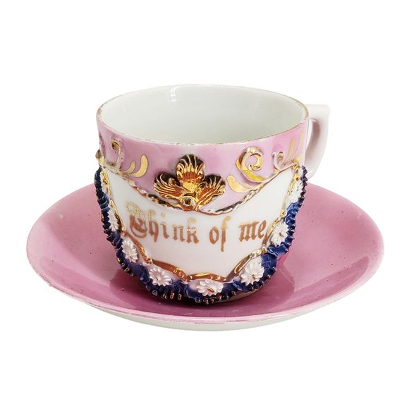 Antique Think of Me Victorian Cup & Saucer Set 1880s Victorian Germany Motto - Picture 1 of 8